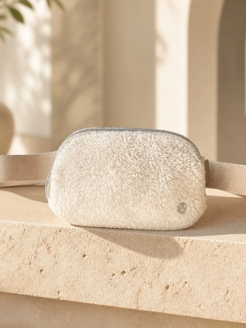 lululemon athletica Cream Sherpa Mini Belt Bag with Silver Accent